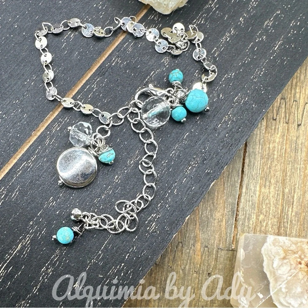 Silver and turquoise dainty charms adjustable bracelet